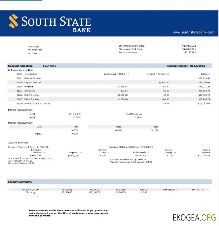 Modèle Word et PDF de relevé de la South State Bank des États Unis avec
